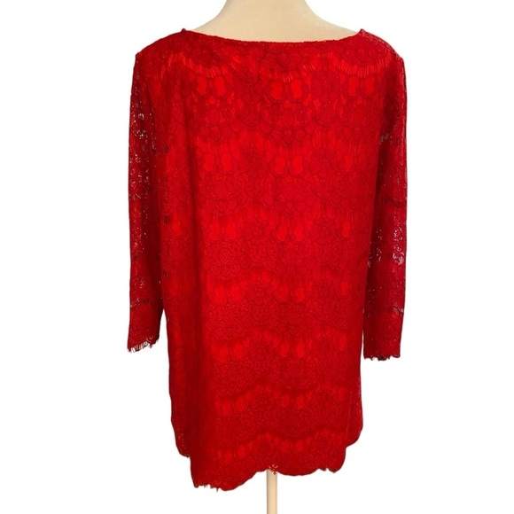 V Cristina Red Lace 3/4 Sleeve Blouse Size L Scoop Neck Lined Oversized Party - Picture 7 of 9